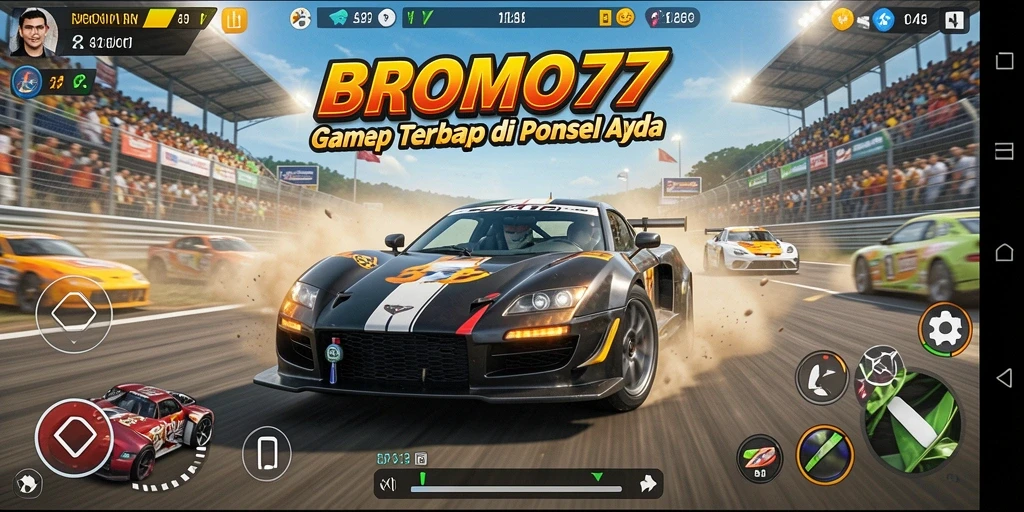 Gameplay mendebarkan dari BROMO77 dengan mobil balap di lintasan.