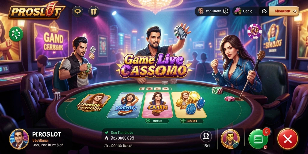 Tampilan utama PROSLOT dengan dealer dan permainan yang mendebarkan.